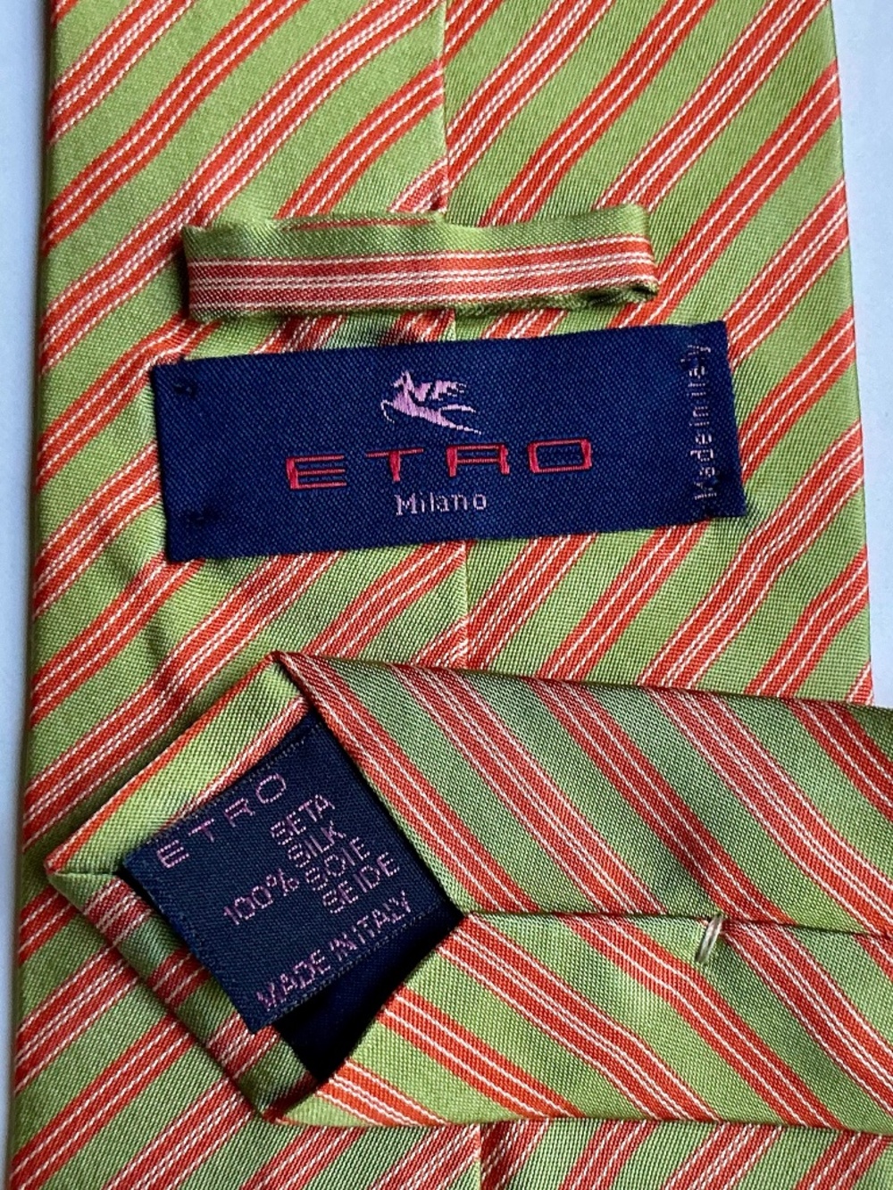 ETRO Milano sage green & orange  stripes all silk tie made in Italy 🇮🇹
